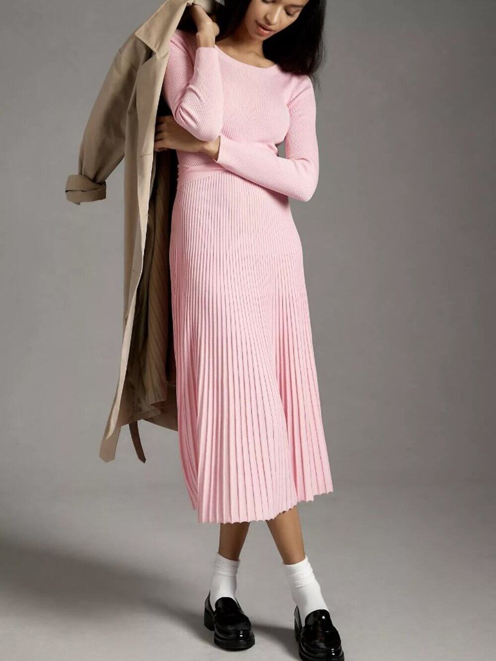 Anthropologie Long-Sleeve Ribbed Sweater Midi Dress Pink Medium NWT NEW